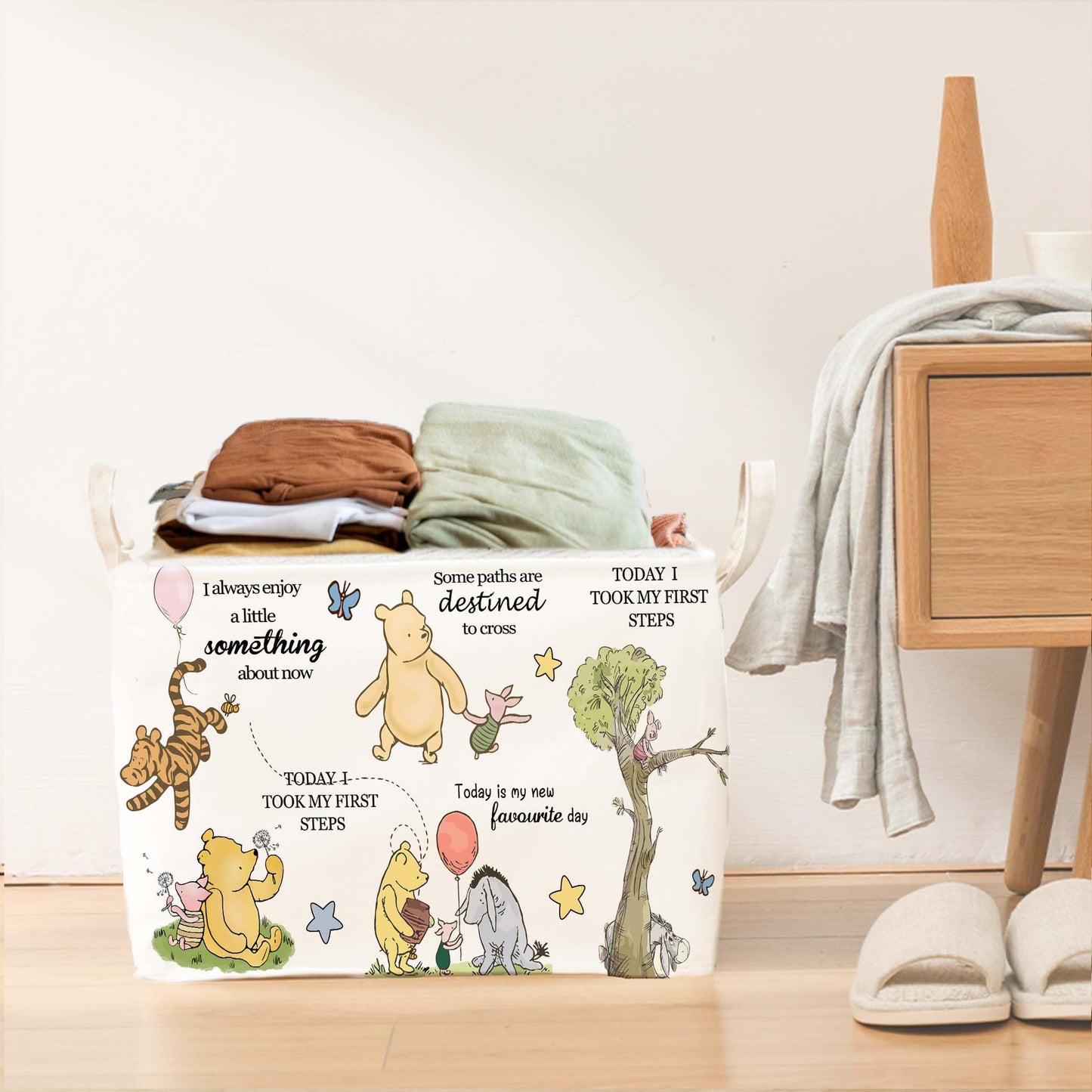 Winnie Nursery Decor, the Pooh Baby Stuff, Winnie Storage Nursery Basket, Large squarecanvas Laundry Hamper With A Waterproof PECoating, Foldable, Toys Bin, Baby Nursery HamperDecor, Star