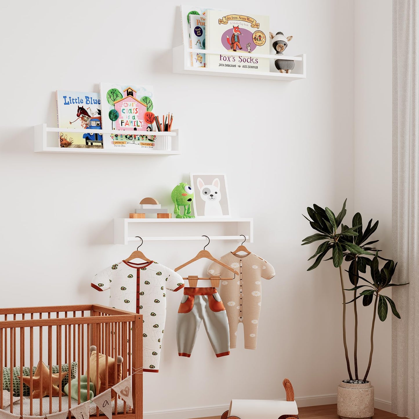 Fixwal Nursery Book Shelves, 16.5 Inch Floating Bookshelves for Wall Set of 3, Baby Nursery Decor, Solid Wood Wall Mounted Shelves for Books, Toys and Decor Storage (Brown)