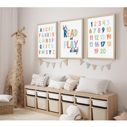 Kids Playroom Wall Art Decor Nursery ABC Alphabet Poster Play Room Canvas Wall Decor Toddler Childrens Educational Artwork Numbers Shapes Prints ABC Picture for Playroom 12x16 Inch Unframed Set of 3