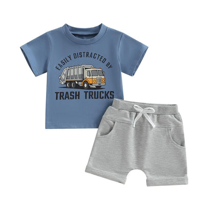 WZTYYDS Toddler Baby Boy Summer Clothes 2T 3T 4T 5T Boys Outfit Letter Truck Short Sleeve T-Shirt Tops + Shorts Set