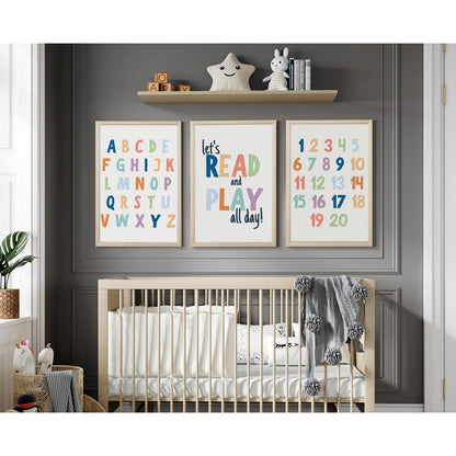 Kids Playroom Wall Art Decor Nursery ABC Alphabet Poster Play Room Canvas Wall Decor Toddler Childrens Educational Artwork Numbers Shapes Prints ABC Picture for Playroom 12x16 Inch Unframed Set of 3