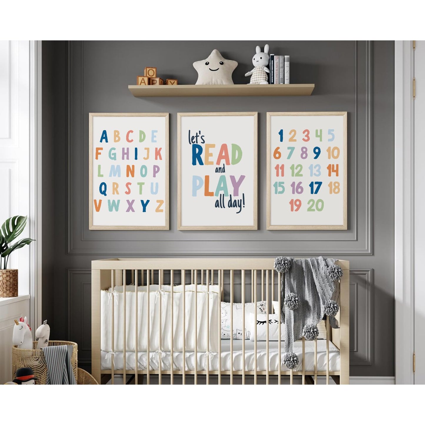 Kids Playroom Wall Art Decor Nursery ABC Alphabet Poster Play Room Canvas Wall Decor Toddler Childrens Educational Artwork Numbers Shapes Prints ABC Picture for Playroom 12x16 Inch Unframed Set of 3