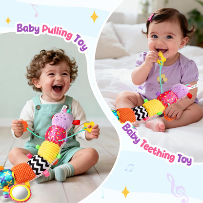Baby Sensory Toys for 0-6 6-12 Months, Musical Stuffed Caterpillar Animal Toys for Infant 3 6 9 12 18 Months, Tummy Time Toys with Mirror Rattle Crinkle for Newborn Boys Girls Shower Gifts