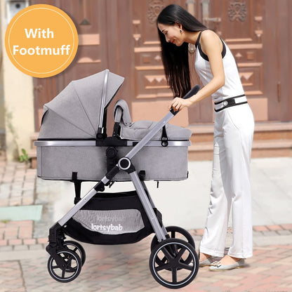 Lortsybab 2-in-1 Baby Stroller - Folding Infant Newborn Pram Stroller with Reversible Seat - Toddler Strollers for 0-36 Months Old Babies (Beige)