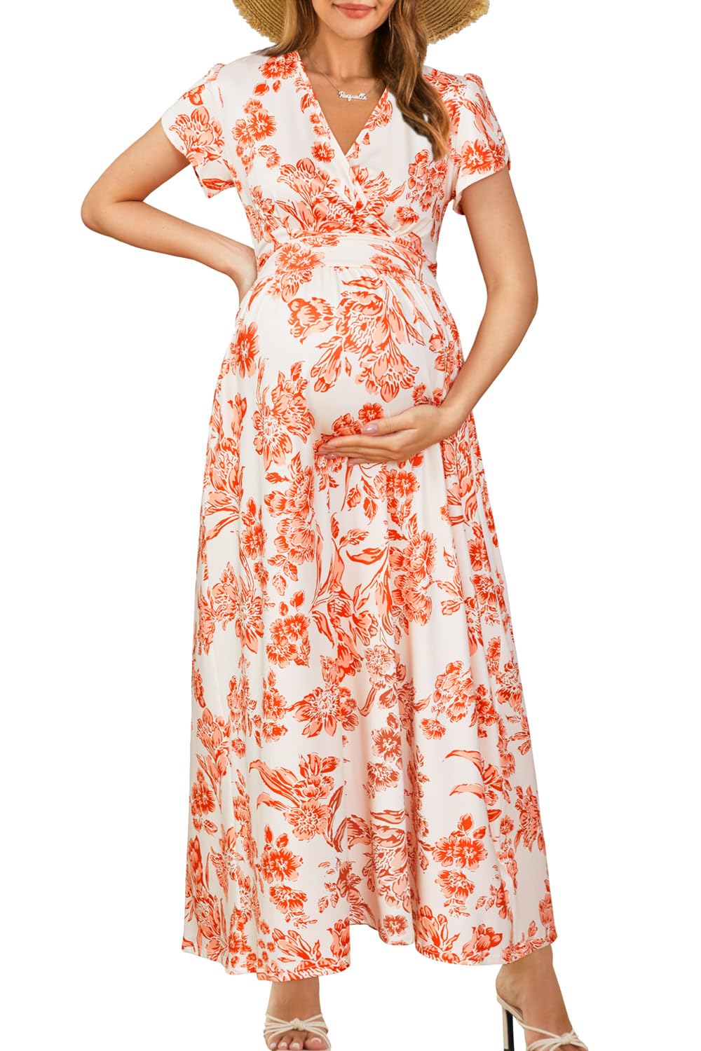 OUGES Maternity Maxi Dress Wrap Baby Shower Pregnancy Dresses for Photoshoot Maternity Outfits Summer Clothes 2026