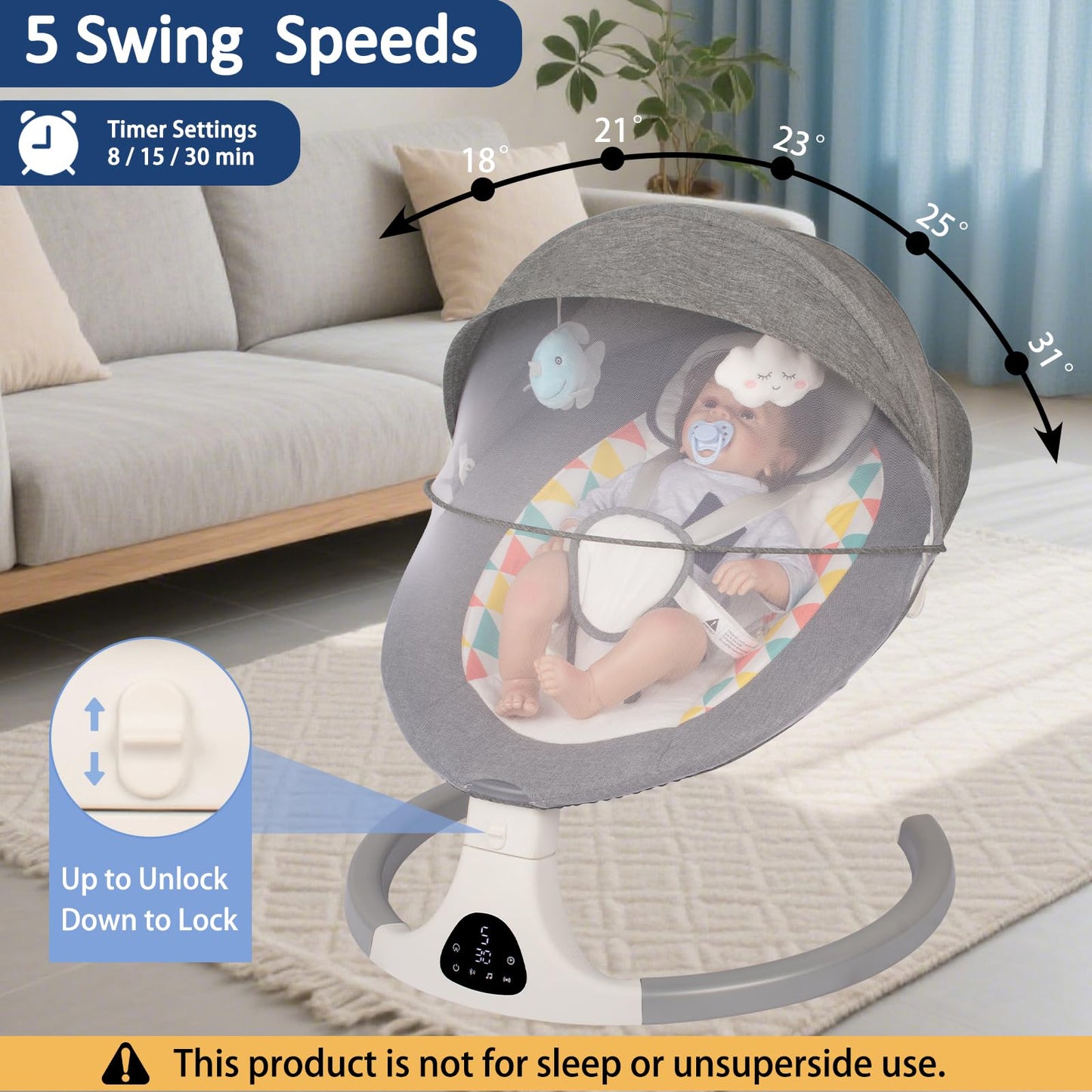 JFOVMCYG Electric Baby Swing for Infants and Toddlers, Portable Rocker with 5 Sway Speeds, Bluetooth Music, Remote Control, 10 Preset Melodies for Newborn Boy & Girl, 0-9 Months, Gray