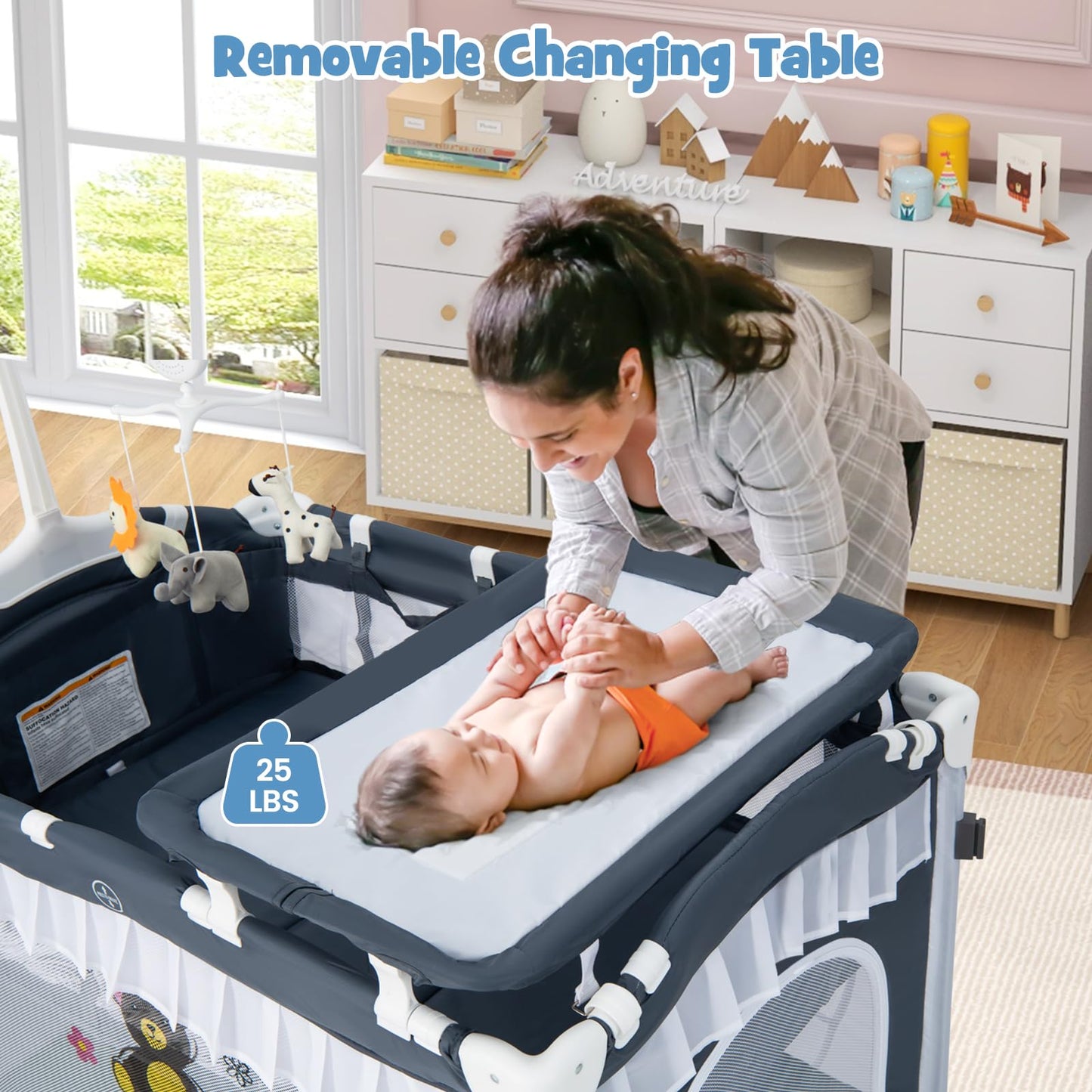 BABY JOY 4 in 1 Pack and Play with Canopy, Portable Baby Playard with Bassinet, Double-Layer Baby Crib, Wheels & Brake, Foldable Baby Girl Pink Princess Bassinet from Newborn to Toddler