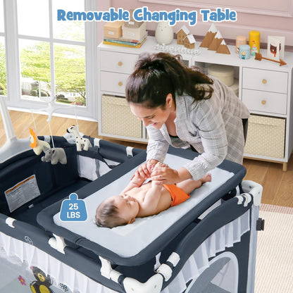 BABY JOY 4 in 1 Pack and Play with Canopy, Portable Baby Playard with Bassinet, Double-Layer Baby Crib, Wheels & Brake, Foldable Baby Girl Pink Princess Bassinet from Newborn to Toddler