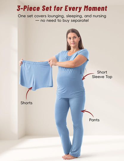 SUNNYBUY Womens Maternity Nursing Pajamas Set, Short Sleeve Breastfeeding Shirts，Pregnancy Shorts & Pants 3 Piece Nursing PJS