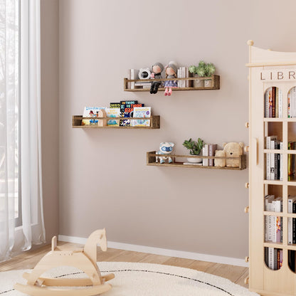 Fixwal Nursery Book Shelves, 16.5 Inch Floating Bookshelves for Wall Set of 3, Baby Nursery Decor, Solid Wood Wall Mounted Shelves for Books, Toys and Decor Storage (Brown)