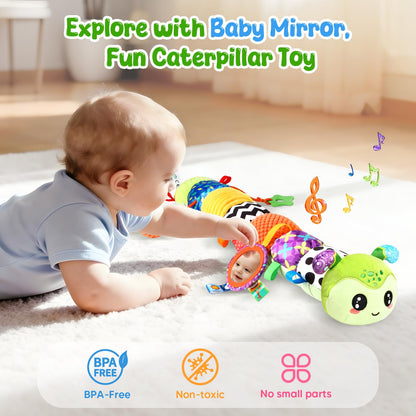 Baby Sensory Toys for 0-6 6-12 Months, Musical Stuffed Caterpillar Animal Toys for Infant 3 6 9 12 18 Months, Tummy Time Toys with Mirror Rattle Crinkle for Newborn Boys Girls Shower Gifts