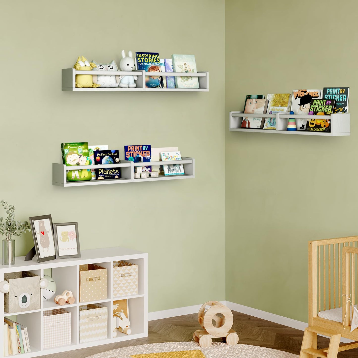 Fixwal Nursery Book Shelves, 16.5 Inch Floating Bookshelves for Wall Set of 3, Baby Nursery Decor, Solid Wood Wall Mounted Shelves for Books, Toys and Decor Storage (Brown)