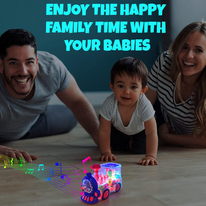 Transparent Sensory Train Toy -Interactive Light up Toys for Kids- Musical Train Toys with LED Light for Toddlers- Colorful Moving Gears- Tummy Time Crawling Baby Toy
