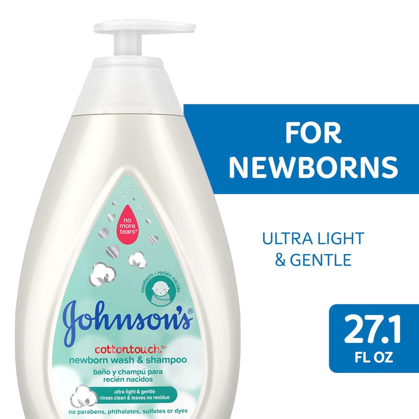 Johnson's CottonTouch Newborn Baby Body Wash & Shampoo, Gentle & Tear-Free, Made with Real Cotton, Gently Washes Away Dirt & Germs, for Sensitive Skin, Baby Essentials, 13.6 fl. oz