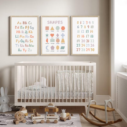 Kids Playroom Wall Art Decor Nursery ABC Alphabet Poster Play Room Canvas Wall Decor Toddler Childrens Educational Artwork Numbers Shapes Prints ABC Picture for Playroom 12x16 Inch Unframed Set of 3
