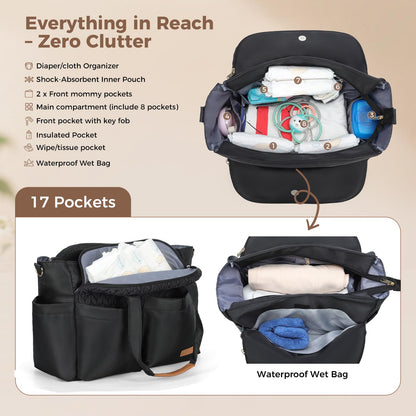Lekebaby Diaper Bag Tote, 17 Pockets Large Travel Diaper Tote Waterproof with Portable Changing Pad, Mom Crossbody Hospital Bag for Labor Delivery, Baby Essentials for Newborn Gifts, Grey