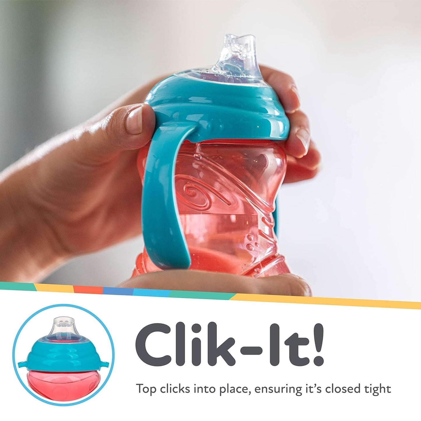 Nuby Clik-It Grip N' Sip Soft Spout No-Spill Training Sippy Cup with Handles - (3-Pack) 10 oz - 4+ Months - Aqua/Purple/Pink