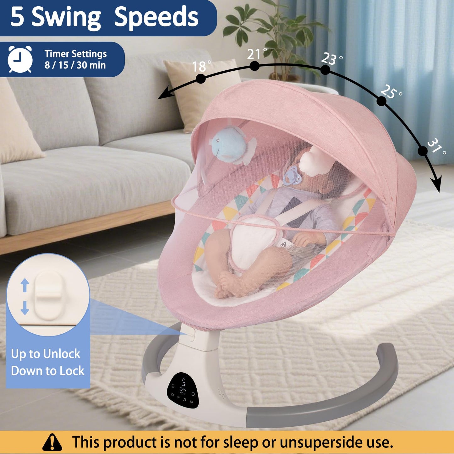 JFOVMCYG Electric Baby Swing for Infants and Toddlers, Portable Rocker with 5 Sway Speeds, Bluetooth Music, Remote Control, 10 Preset Melodies for Newborn Boy & Girl, 0-9 Months, Gray