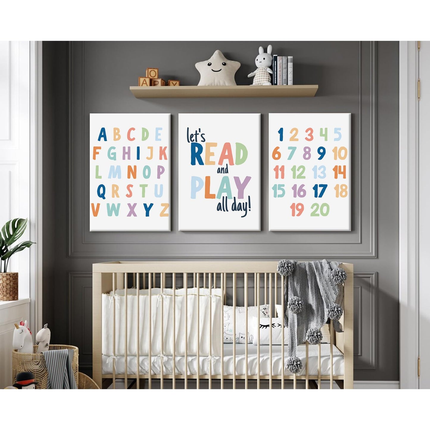 Kids Playroom Wall Art Decor Nursery ABC Alphabet Poster Play Room Canvas Wall Decor Toddler Childrens Educational Artwork Numbers Shapes Prints ABC Picture for Playroom 12x16 Inch Unframed Set of 3