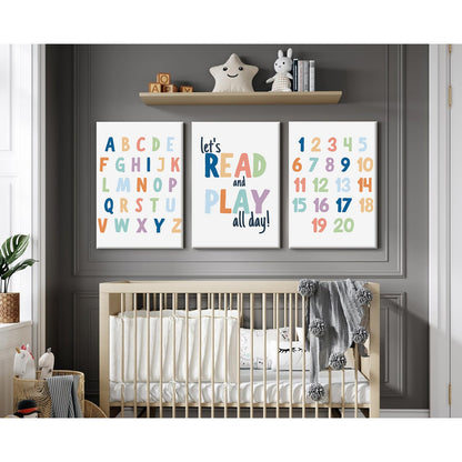 Kids Playroom Wall Art Decor Nursery ABC Alphabet Poster Play Room Canvas Wall Decor Toddler Childrens Educational Artwork Numbers Shapes Prints ABC Picture for Playroom 12x16 Inch Unframed Set of 3