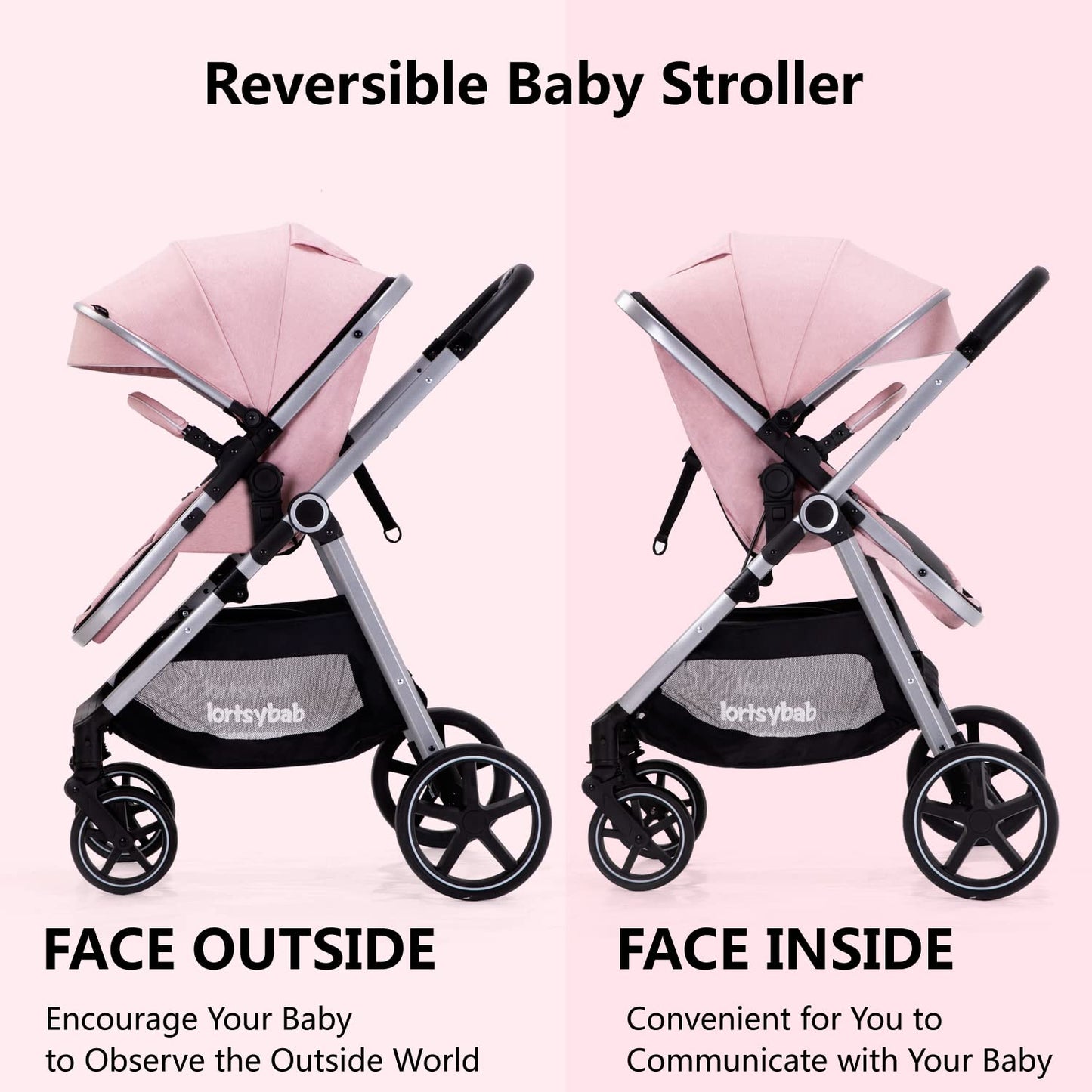 Lortsybab 2-in-1 Baby Stroller - Folding Infant Newborn Pram Stroller with Reversible Seat - Toddler Strollers for 0-36 Months Old Babies (Beige)