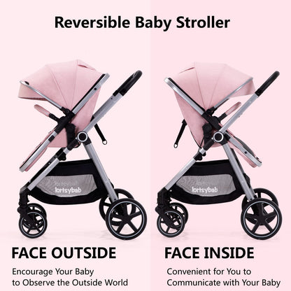 Lortsybab 2-in-1 Baby Stroller - Folding Infant Newborn Pram Stroller with Reversible Seat - Toddler Strollers for 0-36 Months Old Babies (Beige)