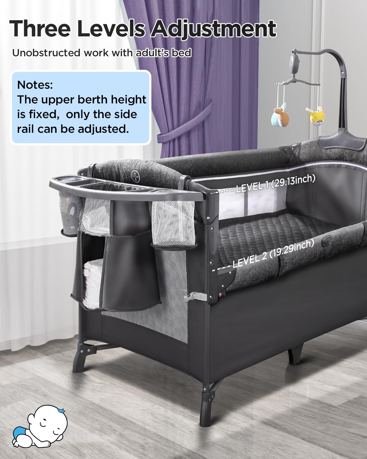 ADOVEL Baby Bassinet Bedside Crib, Pack and Play with Mattress, Diaper Changer and Playards from Newborn to Toddles, Grey