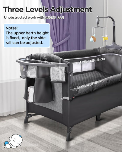 ADOVEL Baby Bassinet Bedside Crib, Pack and Play with Mattress, Diaper Changer and Playards from Newborn to Toddles, Grey