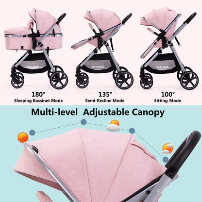 Lortsybab 2-in-1 Baby Stroller - Folding Infant Newborn Pram Stroller with Reversible Seat - Toddler Strollers for 0-36 Months Old Babies (Beige)