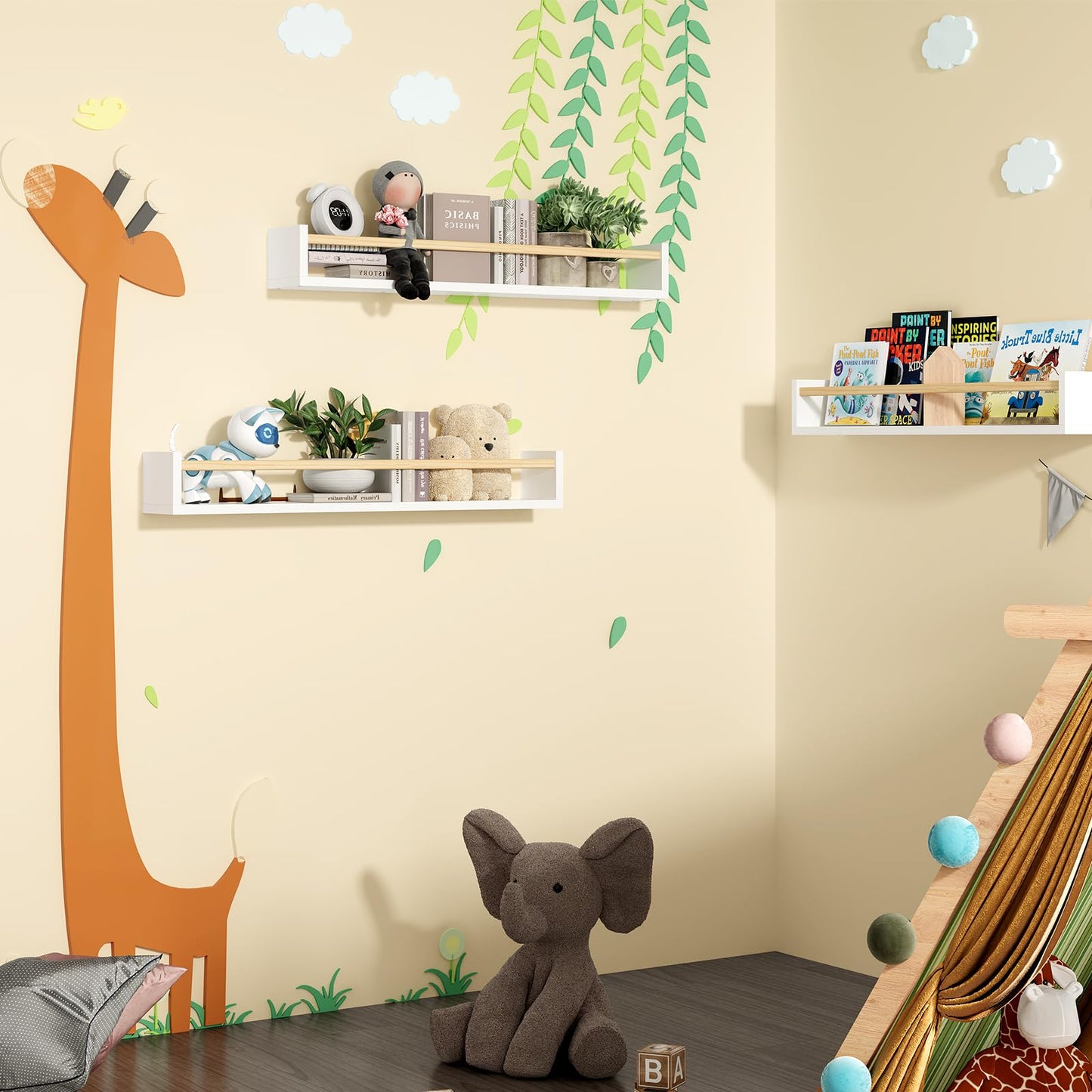 Fixwal Nursery Book Shelves, 16.5 Inch Floating Bookshelves for Wall Set of 3, Baby Nursery Decor, Solid Wood Wall Mounted Shelves for Books, Toys and Decor Storage (Brown)