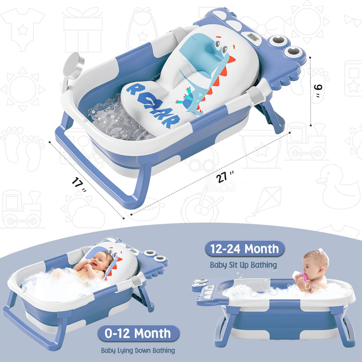 MoreFeel Collapsible Baby Bathtub for Newborn with Thermometer & 1 Hooded Towel & 1 Soft Floating Cushion,Portable Travel Bathtub with Drain Hole, Durable Foldable Baby Tubs for Infants to Toddler
