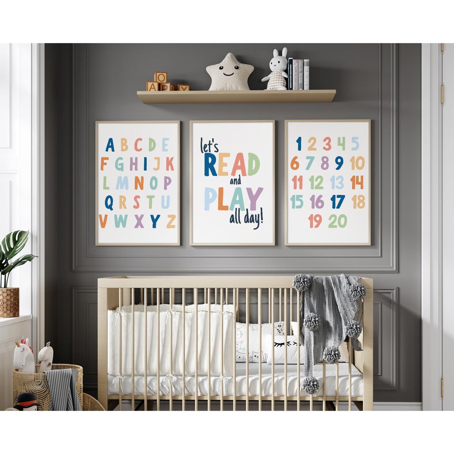 Kids Playroom Wall Art Decor Nursery ABC Alphabet Poster Play Room Canvas Wall Decor Toddler Childrens Educational Artwork Numbers Shapes Prints ABC Picture for Playroom 12x16 Inch Unframed Set of 3