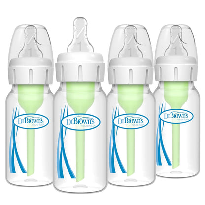 Dr. Brown's Natural Flow Anti-Colic Options+ Narrow Baby Bottle, 8 oz/250 mL, with Level 1 Slow Flow Nipples, 0m+, 4 Pack