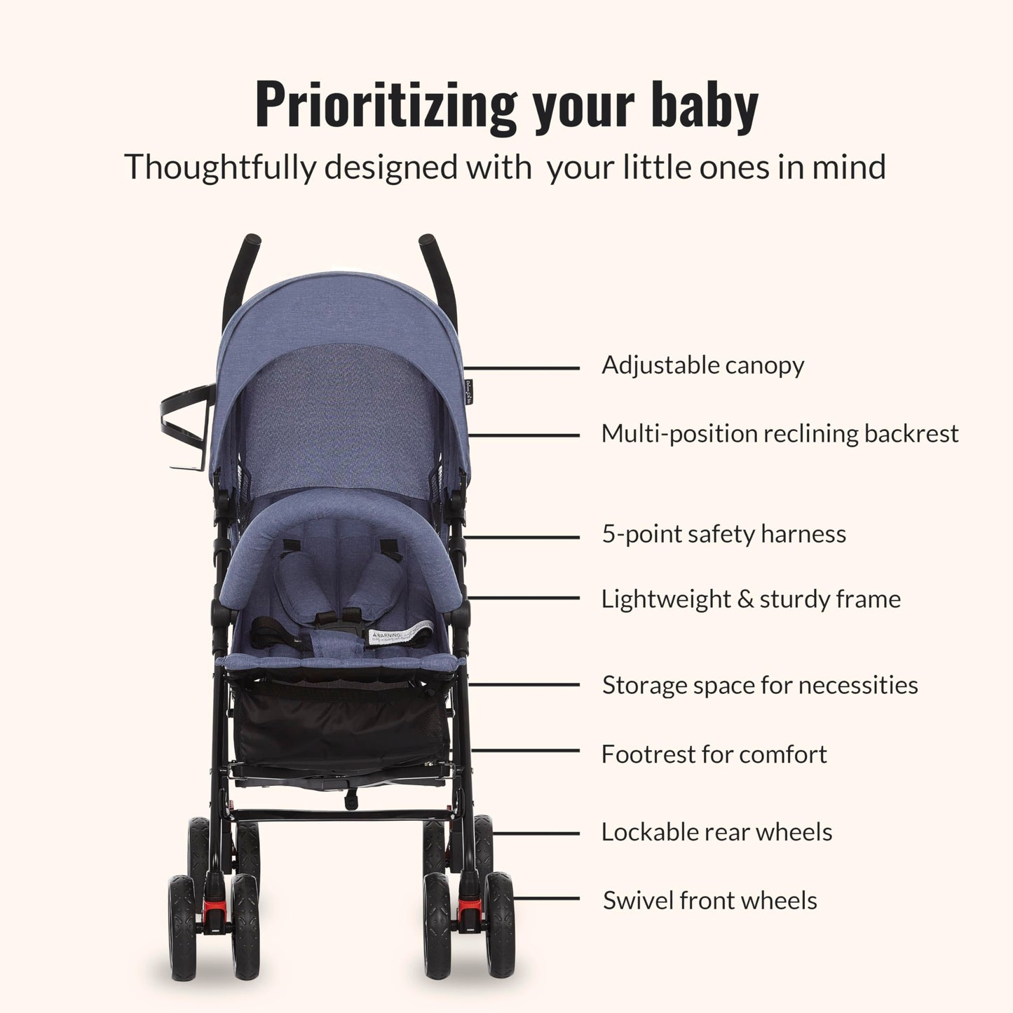 Dream On Me Vista Moonwalk Baby Stroller, Lightweight Travel Umbrella Stroller with Compact Fold, Smooth Ride Wheels, Multi-Position Recline, Spacious Storage Basket with Cup Holder, Light Gray