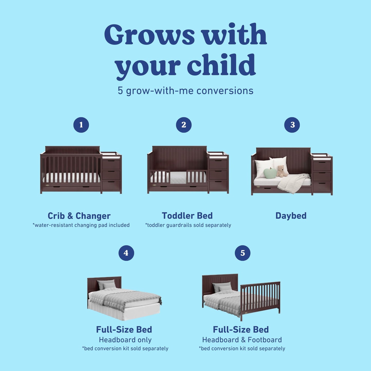Graco Hadley 5-in-1 Convertible Crib & Changer – GREENGUARD Gold Certified, Fits Standard Crib Mattress, Converts to Toddler Bed and Full Bed, 4 Adjustable Mattress Heights (Pebble Gray)