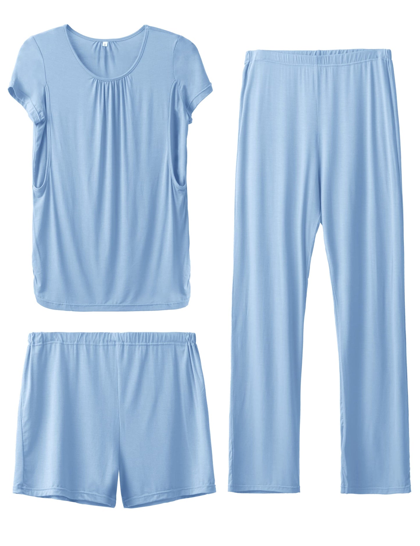 SUNNYBUY Womens Maternity Nursing Pajamas Set, Short Sleeve Breastfeeding Shirts，Pregnancy Shorts & Pants 3 Piece Nursing PJS