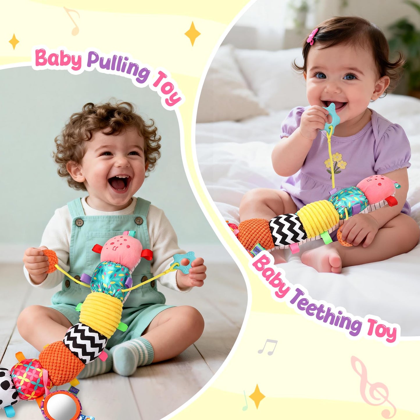 Baby Sensory Toys for 0-6 6-12 Months, Musical Stuffed Caterpillar Animal Toys for Infant 3 6 9 12 18 Months, Tummy Time Toys with Mirror Rattle Crinkle for Newborn Boys Girls Shower Gifts