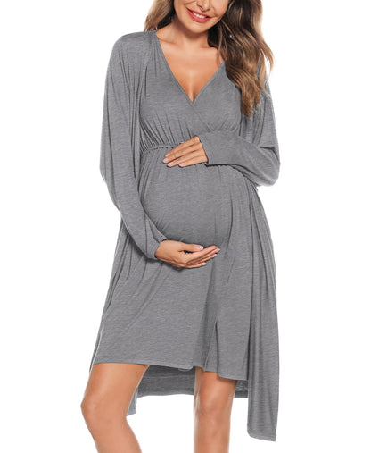 SWOMOG Women Maternity Nursing Gown and Robe Set 3 in 1 Labor Delivery Nursing Nightgown for Breastfeeding Hospital Bathrobe