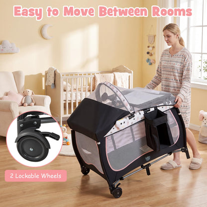 BABY JOY 4 in 1 Pack and Play with Canopy, Portable Baby Playard with Bassinet, Double-Layer Baby Crib, Wheels & Brake, Foldable Baby Girl Pink Princess Bassinet from Newborn to Toddler