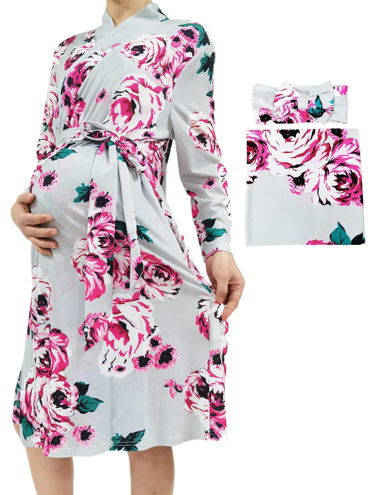 SUFEINI Maternity Robe and Matching Baby Swaddle Blanket Set, Mommy Robe with Receiving Blanket Girls Boys Sleepwear