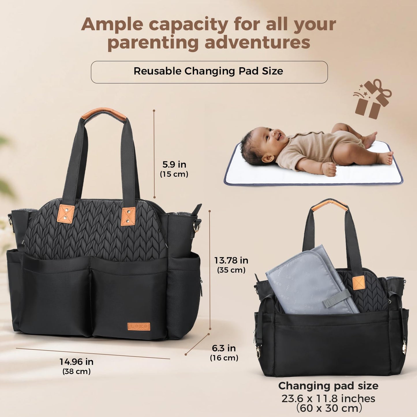 Lekebaby Diaper Bag Tote, 17 Pockets Large Travel Diaper Tote Waterproof with Portable Changing Pad, Mom Crossbody Hospital Bag for Labor Delivery, Baby Essentials for Newborn Gifts, Grey
