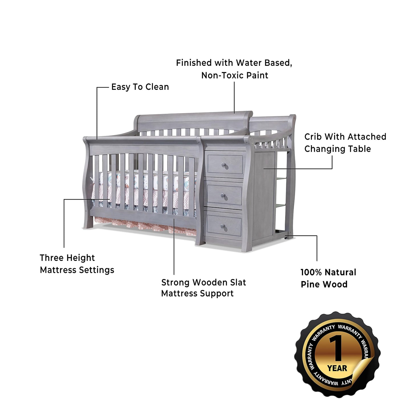 Sorelle Furniture Princeton Elite Crib and Changer Classic -in- Convertible Diaper Changing Table Made of Pine Wood Non-Toxic Wooden Baby Bed Toddler Childs Daybed Full-Size Nursery - Weathered Grey