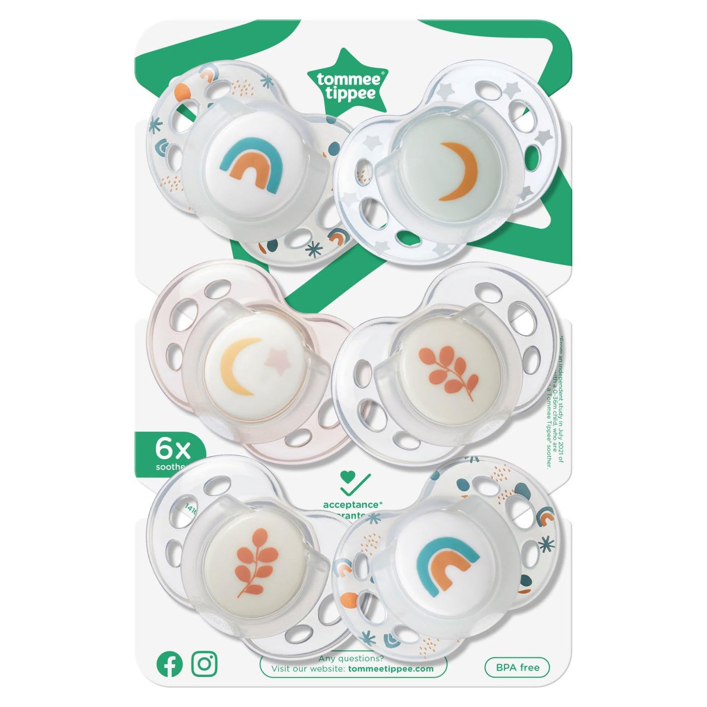 Tommee Tippee Night Time Pacifier, 18-36 Months, Symmetrical Silicone Baglet, BPA-Free Binkies, Glow in The Dark Technology, Green Rainbow, Pack of 6