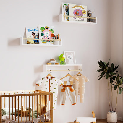 Fixwal Nursery Book Shelves, 16.5 Inch Floating Bookshelves for Wall Set of 3, Baby Nursery Decor, Solid Wood Wall Mounted Shelves for Books, Toys and Decor Storage (Brown)