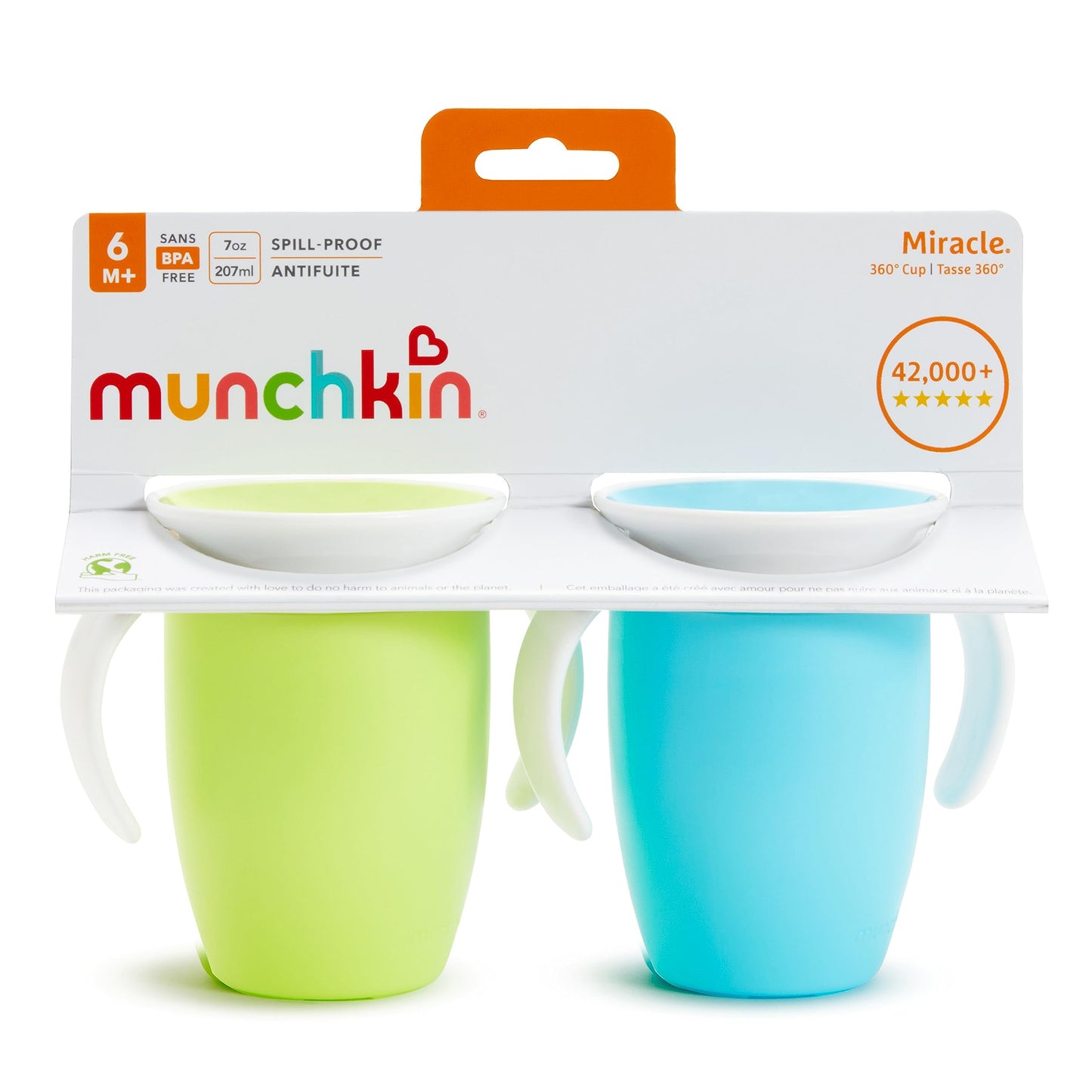 Munchkin Miracle 360 Sippy Cup for 6 Month Old, Spill Proof Baby and Toddler Cups with Transition Handles, 7 Ounce, 2 Pack, Blue/Green