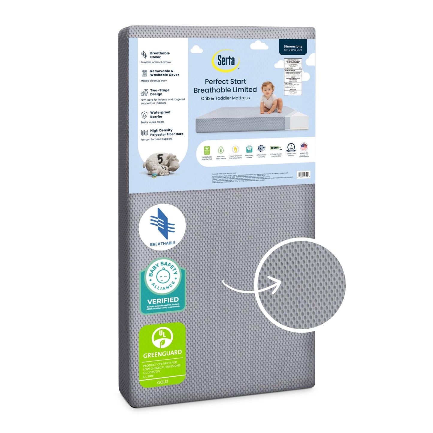 Serta Perfect Start Limited Dual Sided Baby Crib Mattress and Toddler Mattress, Breathable Fiber Core, GREENGUARD Gold Certified, Waterproof, 7 Year Warranty, Made in USA