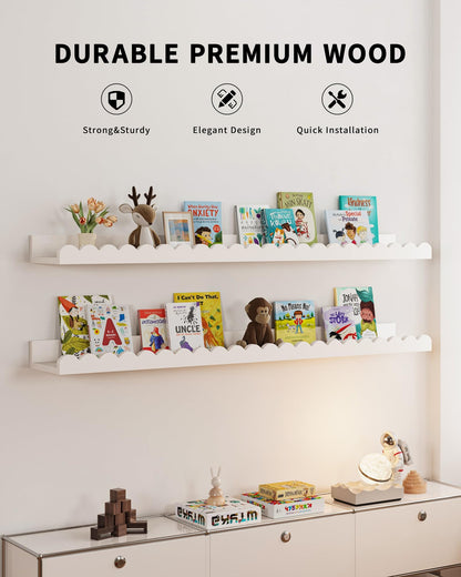 Shario Nursery Book Shelves, 4-Pack White Floating Shelves for Wall Kids, Scalloped Shelves, Wall Book Shelves for Bedroom Kids, Toddler Room, Baby Room, Nursery Decor