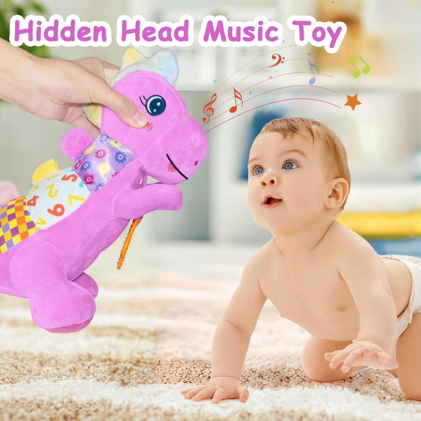 Baby Dino Plush Soft Stuffed Animal Toy for 0-3-6-12+ Months,Infant Musical Toy with Rattle,Squeaker,Sensory Crinkle,Teether & Textures,Tummy Time Toys Christmas Baby Gift for Newborn Girl Boy (Blue)