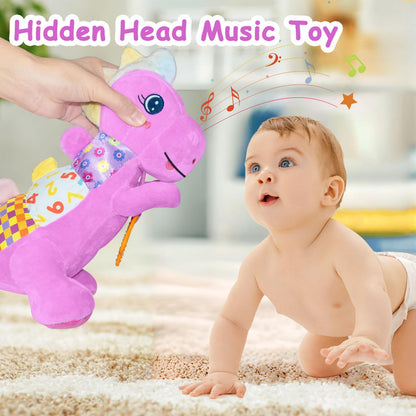 Baby Dino Plush Soft Stuffed Animal Toy for 0-3-6-12+ Months,Infant Musical Toy with Rattle,Squeaker,Sensory Crinkle,Teether & Textures,Tummy Time Toys Christmas Baby Gift for Newborn Girl Boy (Blue)