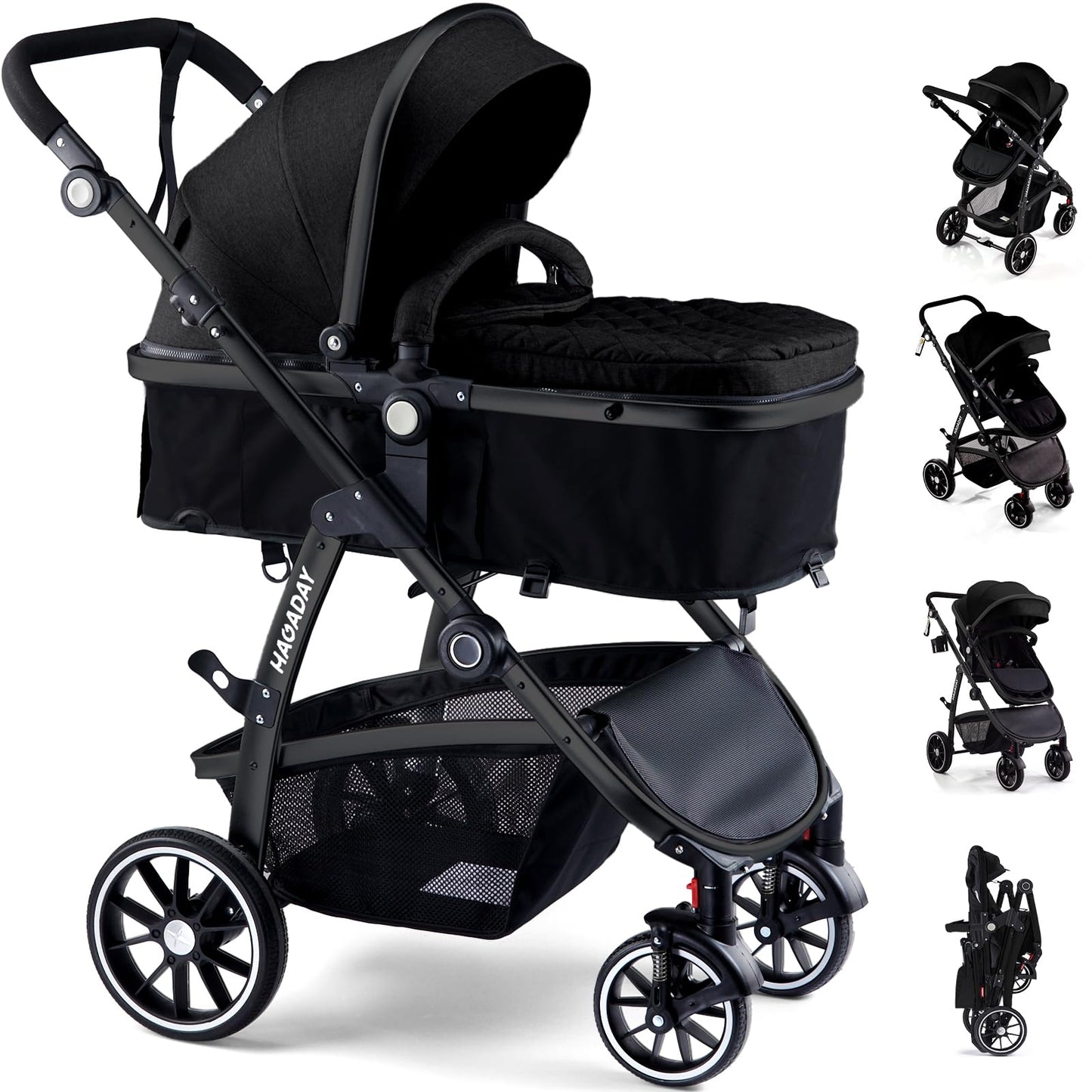 Hagaday Baby Stroller, 2-in-1 Reversible Toddler Seat with Bassinet Mode, Foldable Infant Stroller with Canopy, One Button Brake, Adjustable Handle, Newborn Pushchair(Blue)